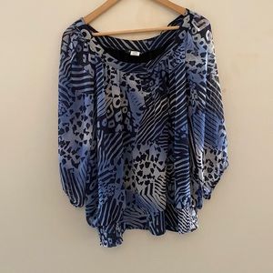 Blue and grey printed 3/4 length sleeve, lined plus size blouse.